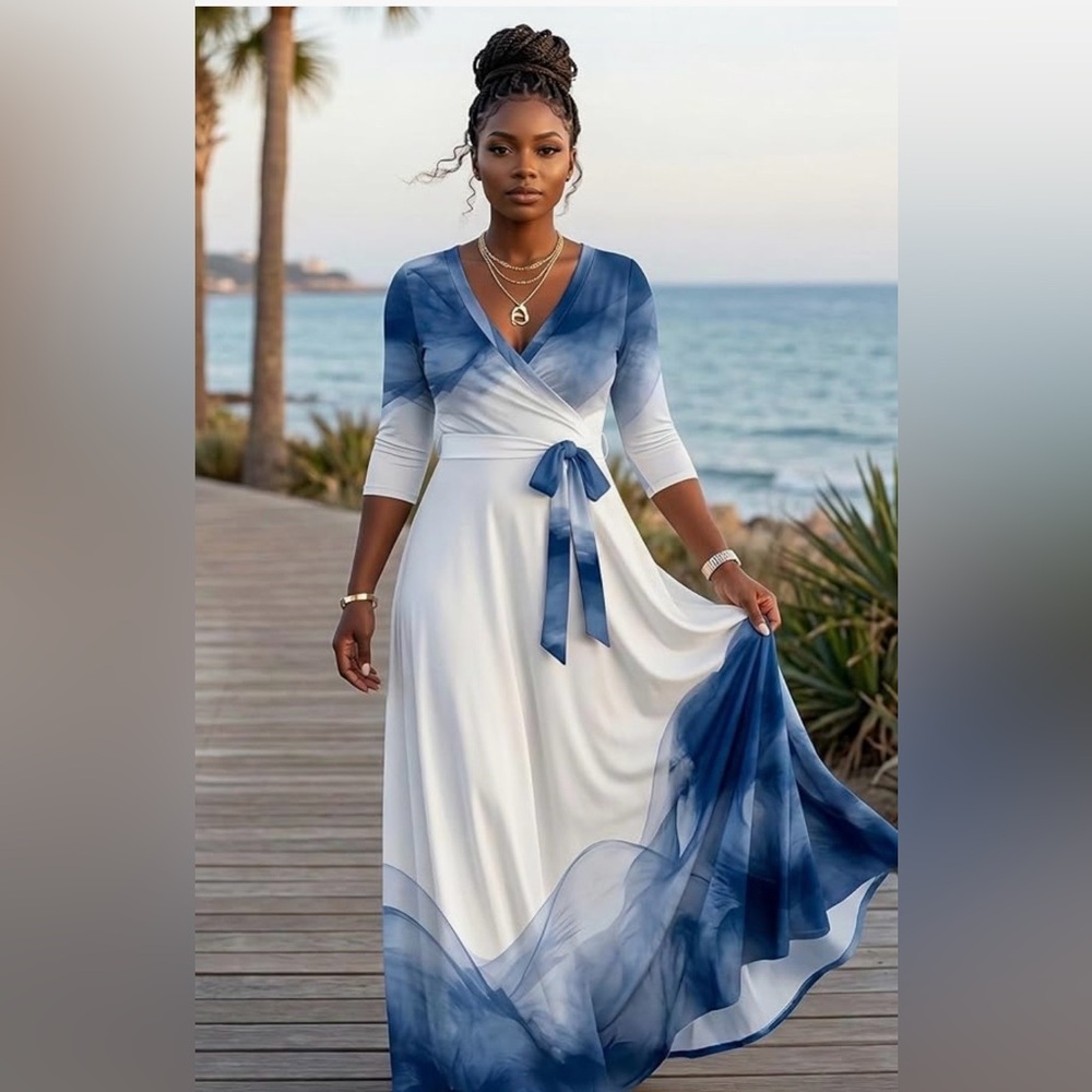 Elegant Blue & White Wrap Maxi Dress with Tie Waist